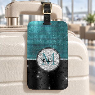 Chic faux Silver Glitter Turquoise Black monogram Luggage Tag