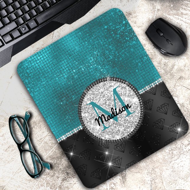Chic faux Silver Glitter Turquoise Black monogram Mouse Mat (Creator Uploaded)