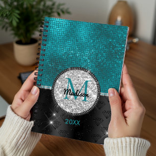 Chic faux Silver Glitter Turquoise Black monogram Planner