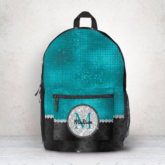 Chic faux Silver Glitter Turquoise Black monogram Printed Backpack (Creator Uploaded)