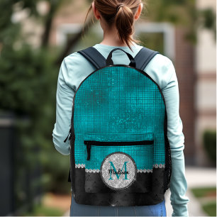 Chic faux Silver Glitter Turquoise Black monogram Printed Backpack