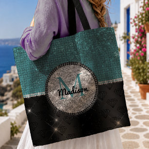 Chic faux Silver Glitter Turquoise Black monogram Tote Bag
