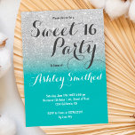 Chic faux silver glitter turquoise ombre Sweet 16 Invitation<br><div class="desc">A modern,  pretty faux silver glitter shower ombre with turquoise colour block Sweet 16 birthday party invitation with silver ombre pattern fading onto a turquoise background.</div>