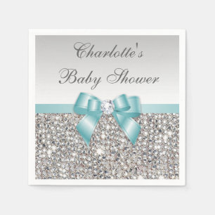 Chic Faux Teal Bow Silver Sequins Baby Shower Napkin