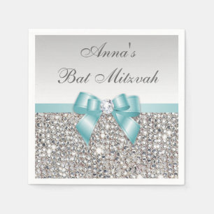 Chic Faux Teal Bow Silver Sequins Bat Mitzvah Napkin