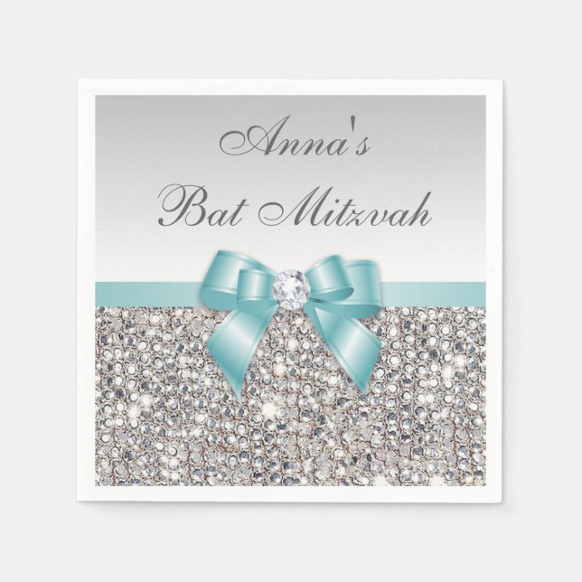 Chic Faux Teal Bow Silver Sequins Bat Mitzvah Napkin (Front)