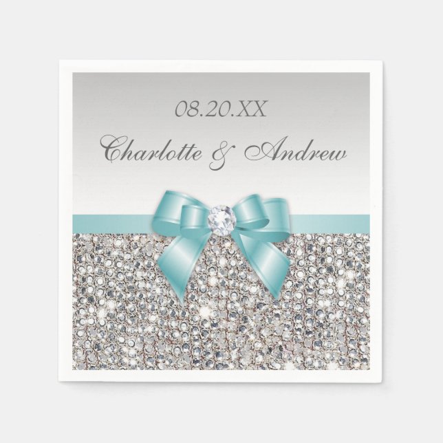 Chic Faux Teal Bow Silver Sequins Wedding Napkin (Front)