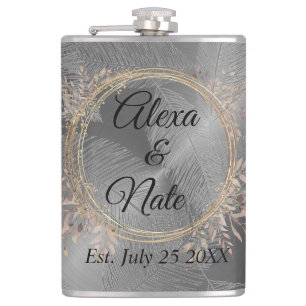 Chic Feathers Floral Wreath Wedding Hip Flask
