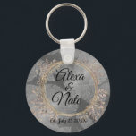 Chic Feathers Floral Wreath Wedding  Key Ring<br><div class="desc">Chic silver feathers on a shimmery silver backdrop combined with a gold elegant floral wreath where you can customise it for your event  creating sleek romantic wedding party favour vibes. Part of the Stylish Trendy Wedding Gifts Collection.</div>