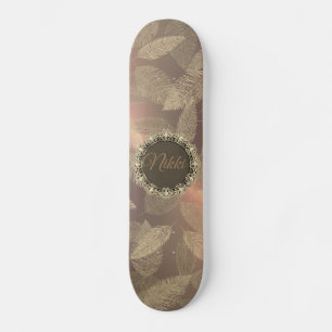 Chic Feathers on Gold Rose Personalised Skateboard