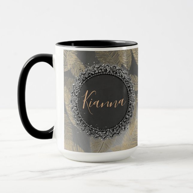 Chic Feathers on Sleek Silver Personalised   Mug (Left)