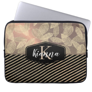 Chic Feathers with Glittery Stripes Monogram Laptop Sleeve