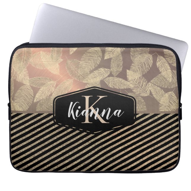 Chic Feathers with Glittery Stripes Monogram Laptop Sleeve (Front)