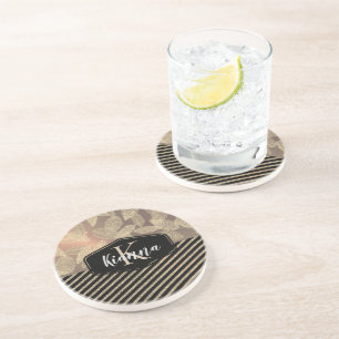 Chic Feathers with Gold Stripes Monogram         Coaster