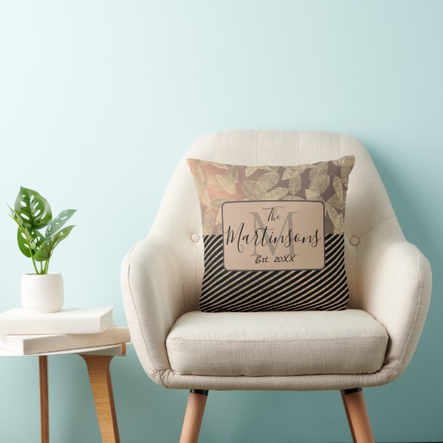 Chic Feathers with Gold Stripes Monogram Family Cushion (Chair)