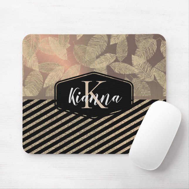 Chic Feathers with Gold Stripes Monogram         Mouse Mat (With Mouse)