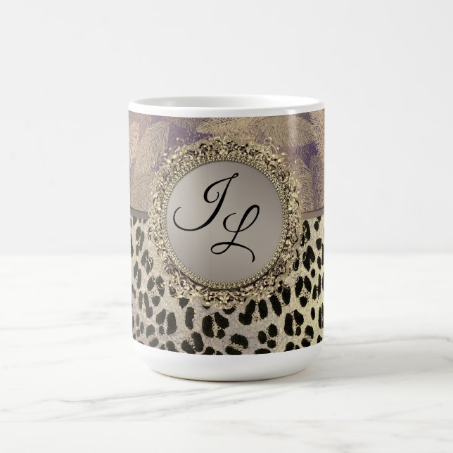 Chic Feathers with Leopard Print Monogram        Coffee Mug (Center)