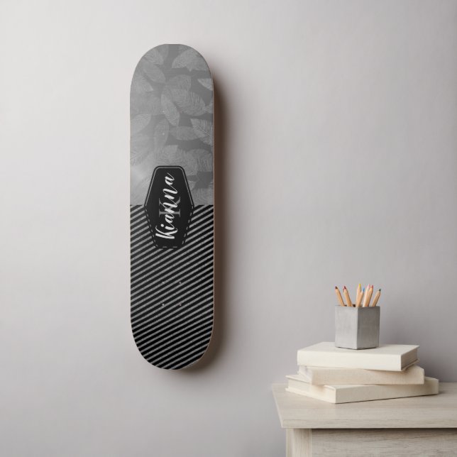 Chic Feathers with Silver Stripes Monogram   Skate Skateboard (Wall Art)
