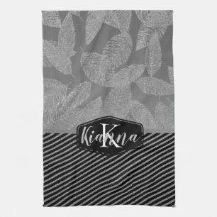 Chic Feathers with Silver Stripes Monogram      Tea Towel