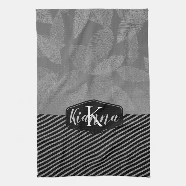 Chic Feathers with Silver Stripes Monogram      Tea Towel (Vertical)