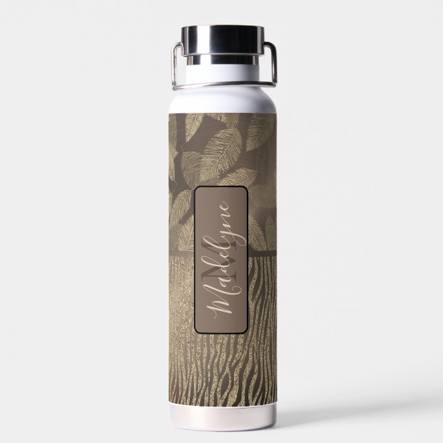 Chic Feathers with Zebra Print Monogram Water  Bottle (Back)