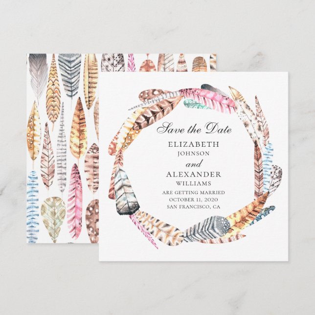 Chic feathers wreath. Boho wedding save the date Invitation (Front/Back)