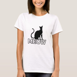 Chic Feline Charm - White ‘MEOW’ Cat Silhouette T-Shirt