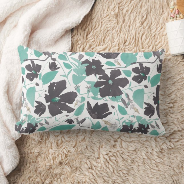 Chic Feminine Grey Teal Floral Pattern Lumbar Cushion (Blanket)