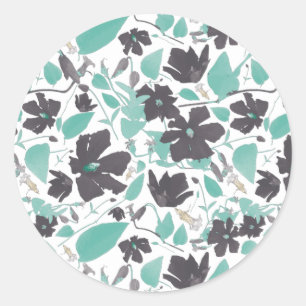Chic Feminine Teal Grey Floral Pattern Classic Round Sticker