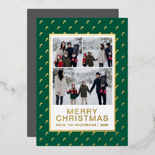 Chic Festive Candy Cane 3 Photo Family Christmas Foil Holiday Card