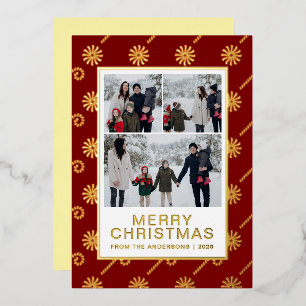 Chic Festive Candy Cane 3 Photo Family Christmas Foil Holiday Card