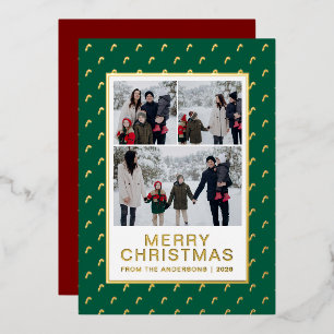 Chic Festive Candy Cane 3 Photo Family Christmas Foil Holiday Card