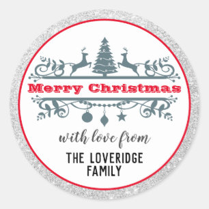 Chic & Festive Red Merry Christmas Silver Glitter Classic Round Sticker