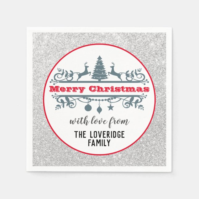 Chic & Festive Red Merry Christmas Silver Glitter Napkin (Front)
