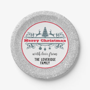 Chic & Festive Red Merry Christmas Silver Glitter Paper Plate