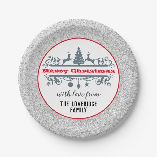 Chic & Festive Red Merry Christmas Silver Glitter Paper Plate (Front)
