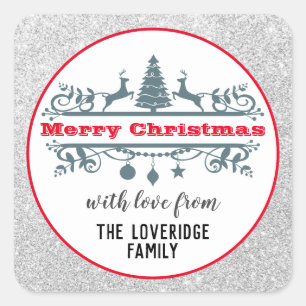 Chic & Festive Red Merry Christmas Silver Glitter Square Sticker