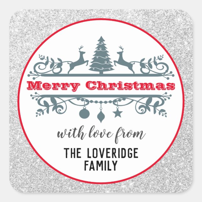 Chic & Festive Red Merry Christmas Silver Glitter Square Sticker (Front)