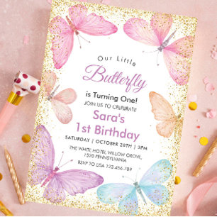 Chic First 1st Birthday Glitter Colourful Butterfl Invitation
