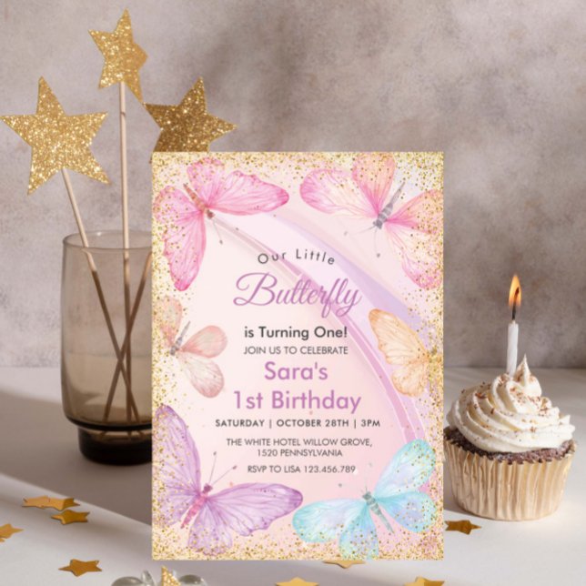 Chic First 1st Birthday Little Colourful Butterfly Invitation (Creator Uploaded)
