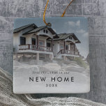 Chic First Christmas In Our New Home Photo Ceramic Ornament<br><div class="desc">This chic first Christmas in our new home photo ceramic ornament is the perfect modern Christmas tree decoration. The simple design features classic minimalist black and white typography with a rustic boho feel. This keepsake ornament reads "first Christmas in our new home". Personalise your double-sided ornament with a photo and...</div>