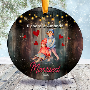 Chic first Christmas married cute couple  Ceramic Tree Decoration