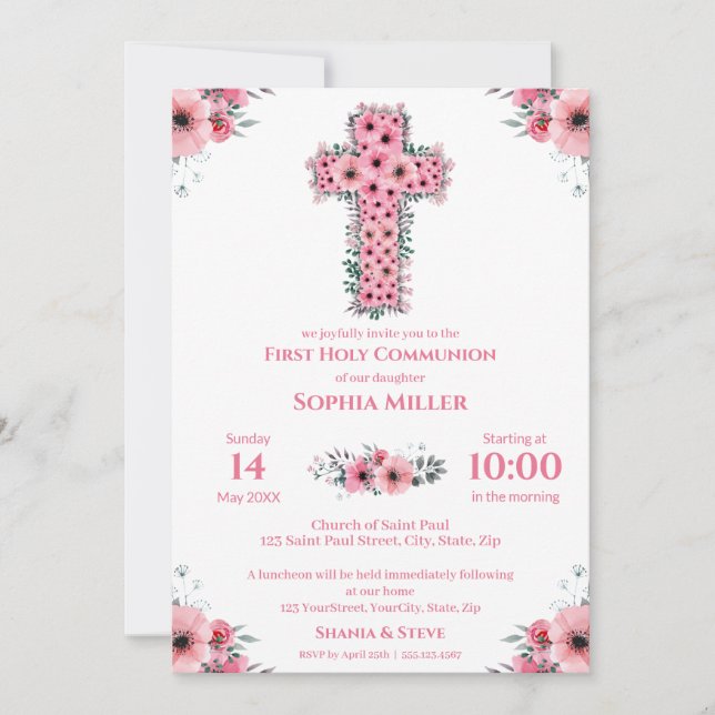 Chic First Holy Communion Girl Pink Flower Cross I Invitation (Front)