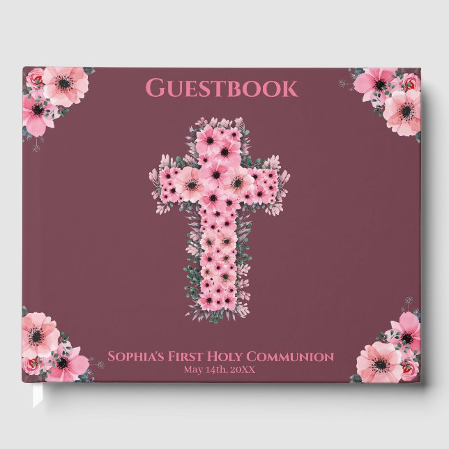 Chic First Holy Communion Pink Flower Cross Girl Guest Book (Front)