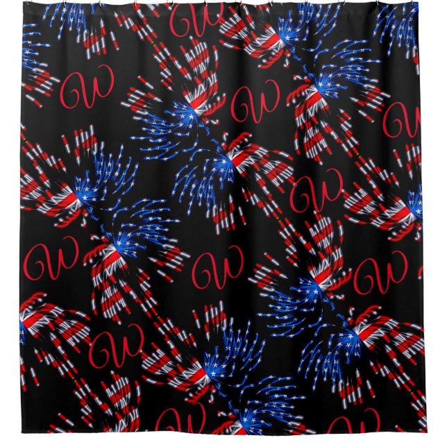 Chic Flag Fireworks Red Monogram Shower Curtain (Front)