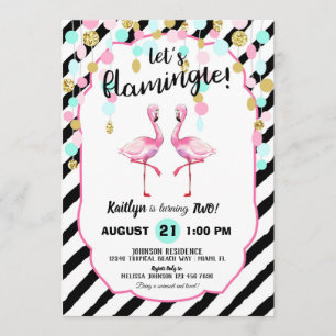 Chic Flamingo Stripe and Confetti Birthday Invitation