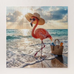 Chic Flamingo with Sun Hat and Sunglasses Jigsaw Puzzle