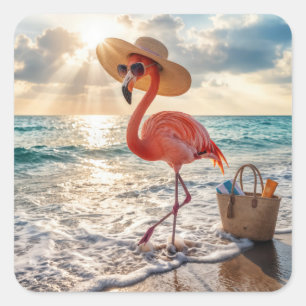 Chic Flamingo with Sun Hat and Sunglasses Square Sticker
