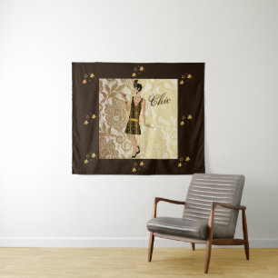 Chic Flapper Lady Gold Floral Lace & Brown Tapestry