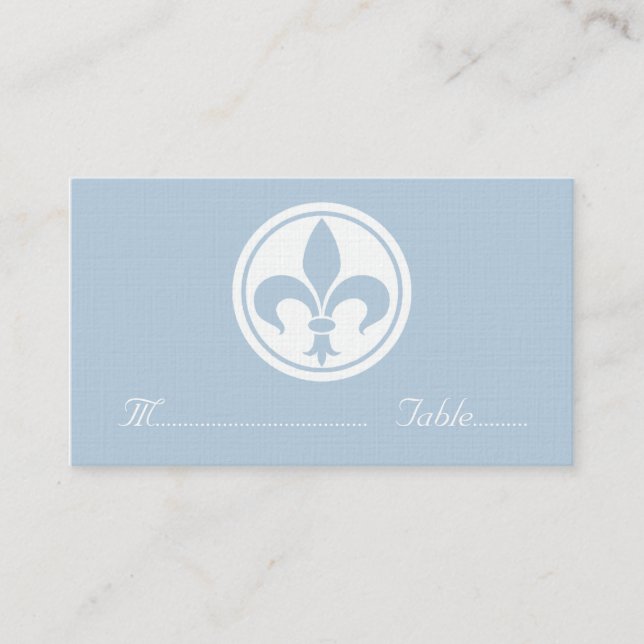 Chic Fleur De Lis Place Card, Blue Card (Front)